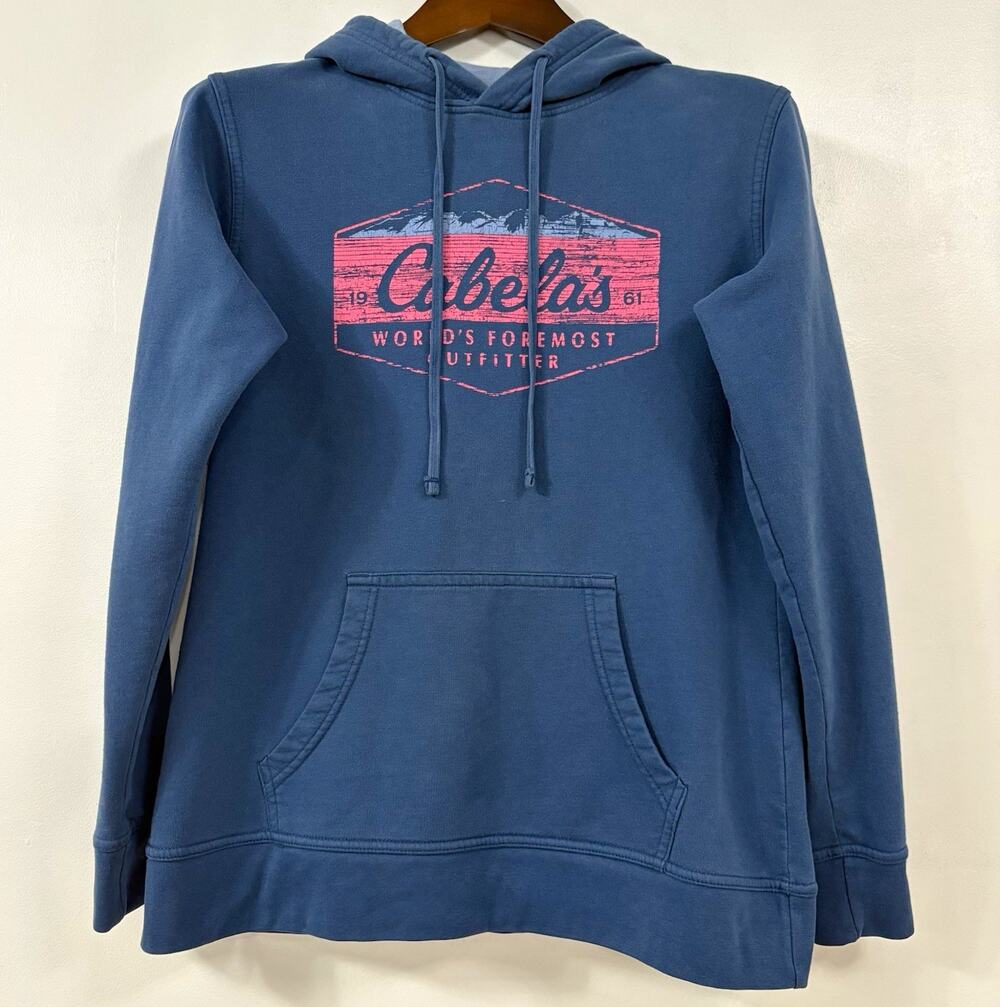 Cabela's Men's Blue Pullover Fleece Hoodie Graphic Logo Kangaroo Pocket S